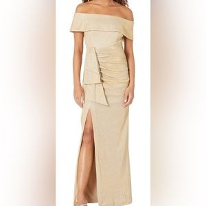 Off-the-Shoulder Glitter Metallic Gold Gown